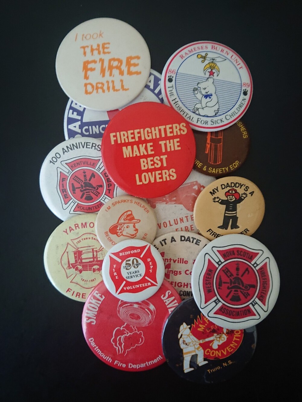 Vintage Round Pin Button Lot - (15x) Firefighter Buttons - Fire Safety /Rescue